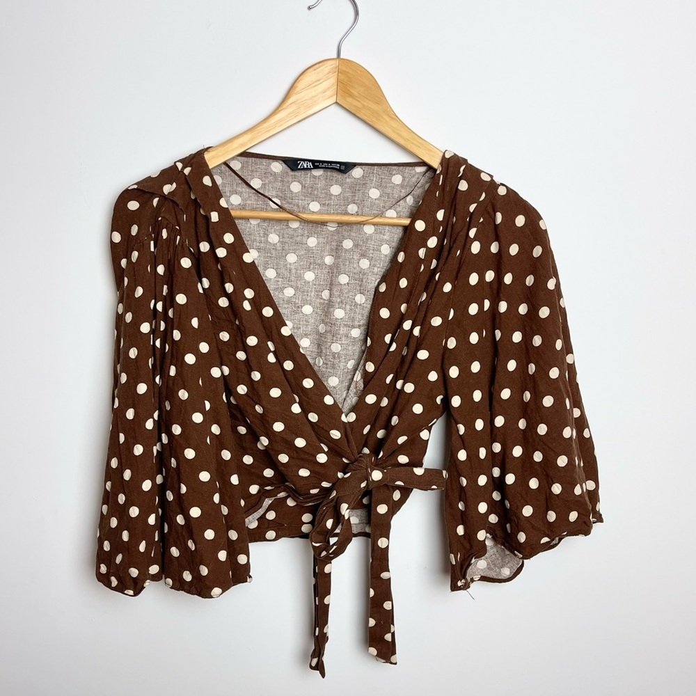 Zara Brown Polka Dot Wrap Cropped Top Flowy Arms - size S
